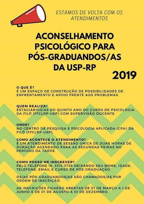 Divulgação Aconselhamento Psicológico para Pós graduandos da USP RP